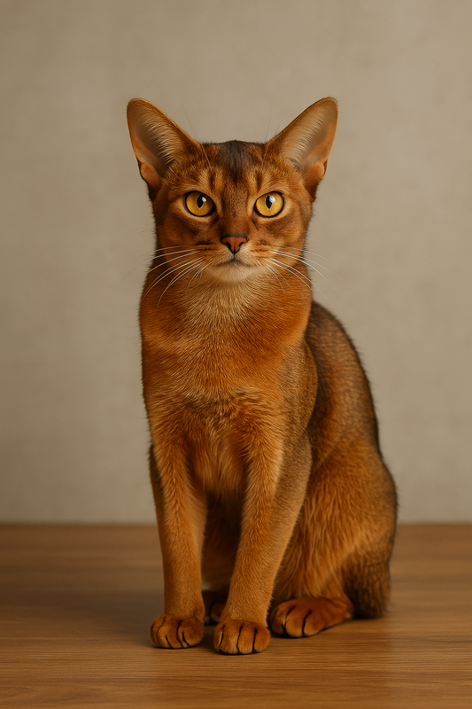 Abyssinian Katze mit goldenen Augen und warmem, rotbraun geticktem Fell sitzt elegant auf einem Holzboden vor neutralem Hintergrund.