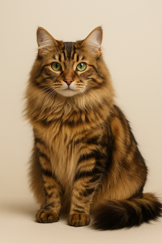 Bengal Longhair Katze mit langem, seidigem Fell und grünen Augen, sitzt auf hellem Hintergrund und blickt aufmerksam in die Kamera.