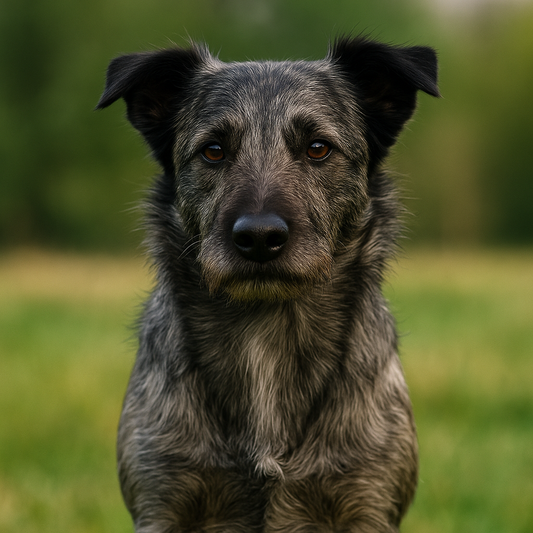 Ein Berger des Pyrénées à face rase mit glattem Gesicht und grauem, mittellangem Fell sitzt aufmerksam auf einer Wiese. Im Hintergrund ist unscharfes Grün erkennbar, der Hund wirkt wachsam und freundlich.