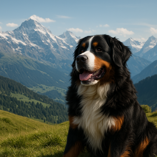 Berner Sennenhund auf einer grünen Wiese mit den Schweizer Alpen im Hintergrund.