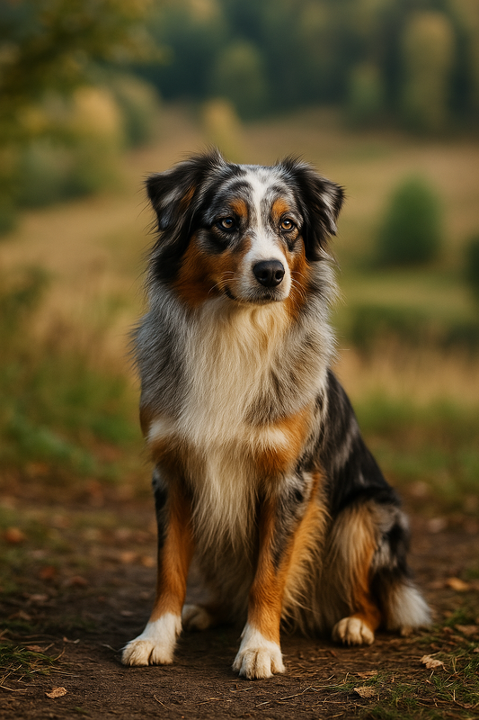 Australischer Schäferhund mit Blue-Merle-Fell sitzt auf einer Wiese und blickt aufmerksam in die Ferne