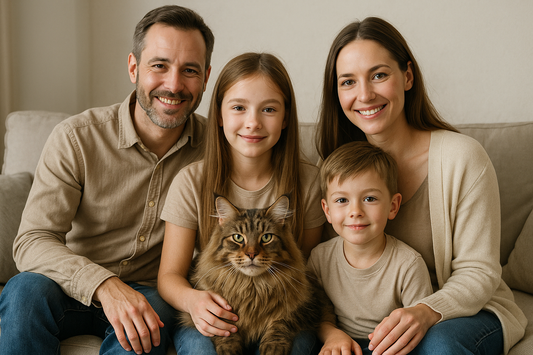 Familie mit Maine Coon Katze im Wohnzimmer: Mutter, Vater, Tochter und Sohn sitzen gemeinsam auf dem Sofa, während die große, langhaarige Maine Coon Katze im Vordergrund sitzt.