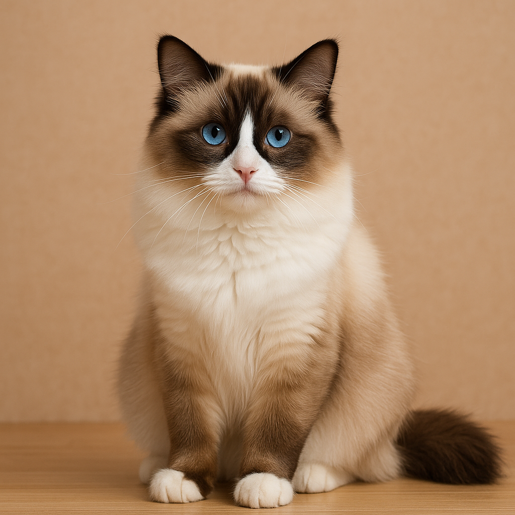 Ragdoll Katze mit blauen Augen und halblangem Fell in Seal-Point-Färbung sitzt auf hellem Holzboden vor beigem Hintergrund.