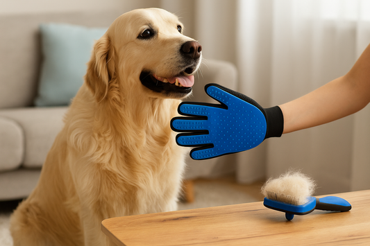 „Ein Golden Retriever sitzt auf einem Teppich im Wohnzimmer und wird mit einem blauen Massage-Handschuh für Hunde gebürstet. Auf dem Holztisch davor liegt eine Unterfellbürste mit bereits entfernten Hundehaaren.