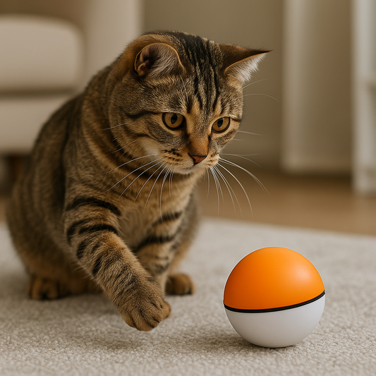 Getigerte Katze spielt auf einem Teppich mit einem orange-weißen automatischen Ballspielzeug im Wohnzimmer.