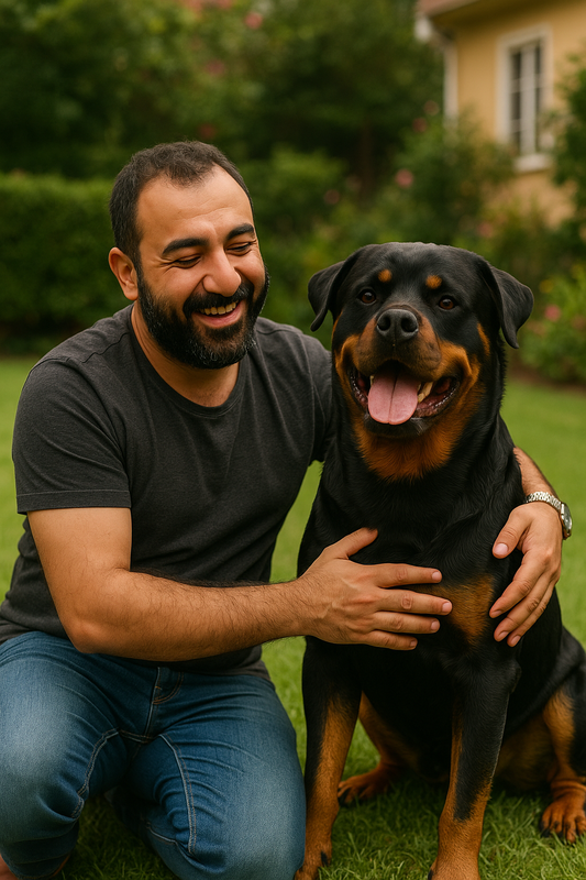 Ein lachender Mann im Garten kniet neben einem fröhlichen Rottweiler, den er liebevoll umarmt.