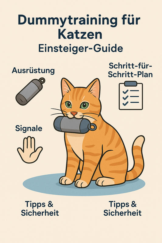 Illustration einer orangefarbenen Hauskatze beim Dummytraining. Die Katze hält einen kleinen grauen Dummy im Maul, umgeben von Symbolen für Ausrüstung, Signale, Trainingsplan und Sicherheit. Der Hintergrund ist hell und freundlich gestaltet.