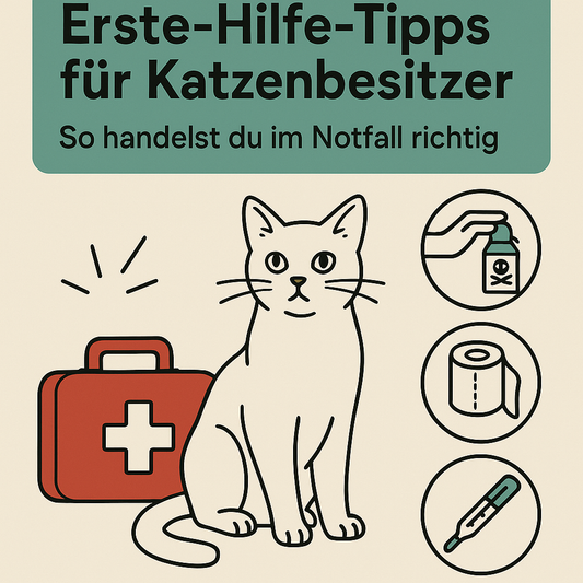 Illustration einer Katze mit Erste-Hilfe-Koffer. Daneben Symbole für Vergiftung, Verband und Thermometer – visuelle Darstellung von Erste-Hilfe-Tipps für Katzenbesitzer.