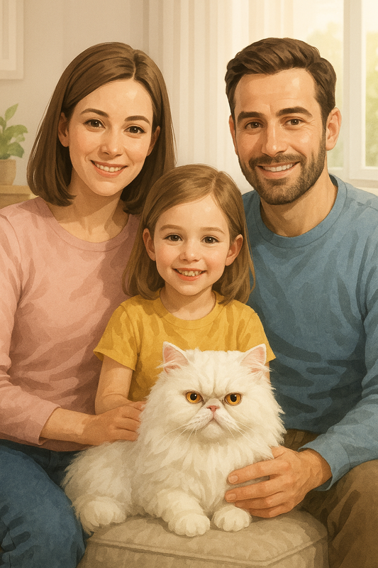 Familie mit Mutter, Vater, Kind und weißer Perserkatze sitzt gemeinsam lächelnd im Wohnzimmer.