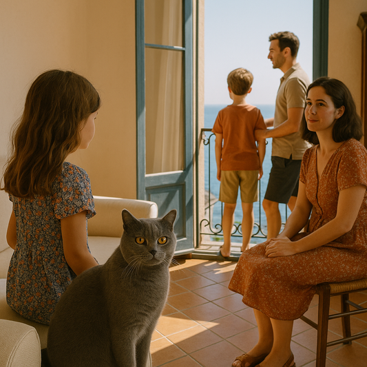 Französische Familie mit Kartäuserkatze in Wohnung am Mittelmeer mit Meerblick