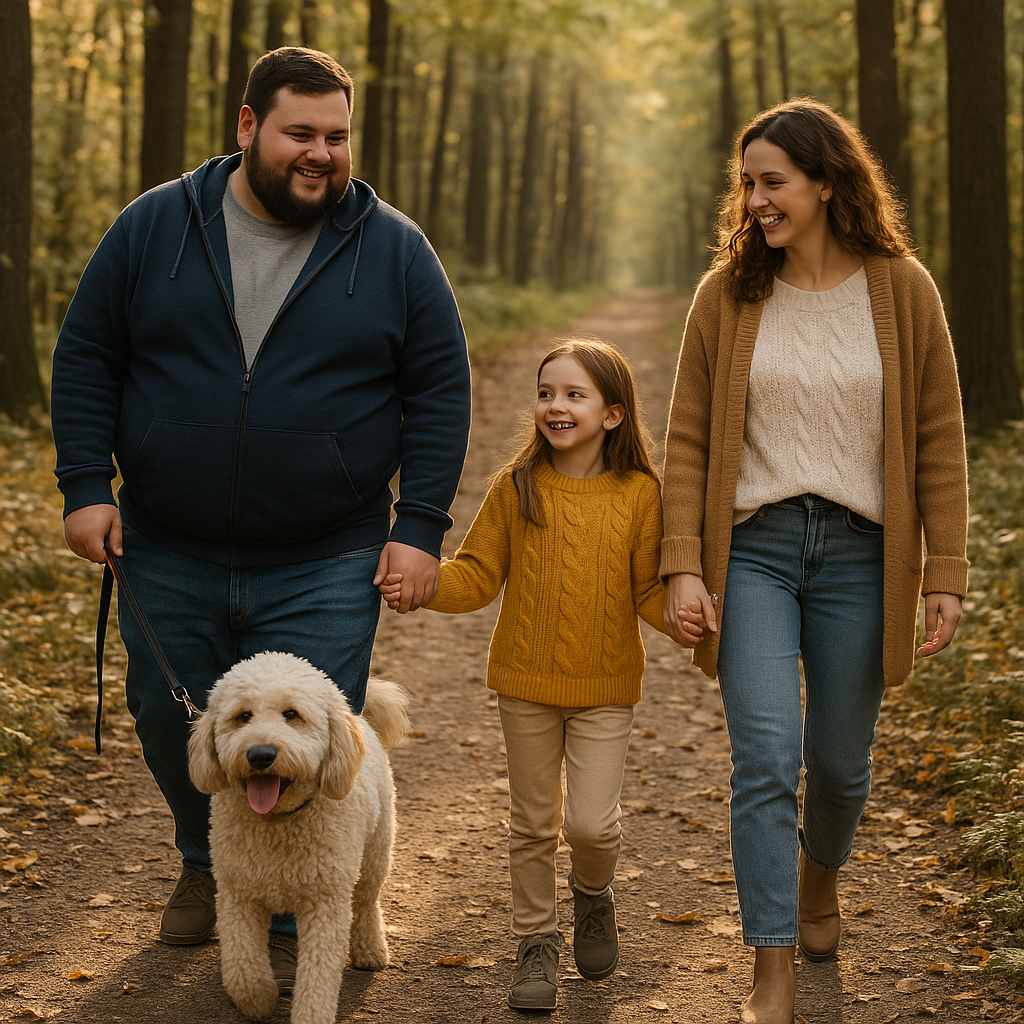 Eine glückliche Familie mit Vater, Mutter, Tochter und einem Labradoodle spaziert im herbstlichen Wald. Der Vater ist übergewichtig, alle lachen und genießen den Spaziergang.