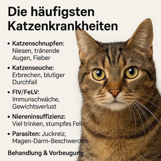Informationsgrafik über die häufigsten Katzenkrankheiten. Links Text mit Stichpunkten zu Katzenschnupfen, Katzenseuche, FIV/FeLV, Niereninsuffizienz und Parasiten. Rechts Großaufnahme eines getigerten Katers mit aufmerksamem Blick auf hellem Hintergrund
