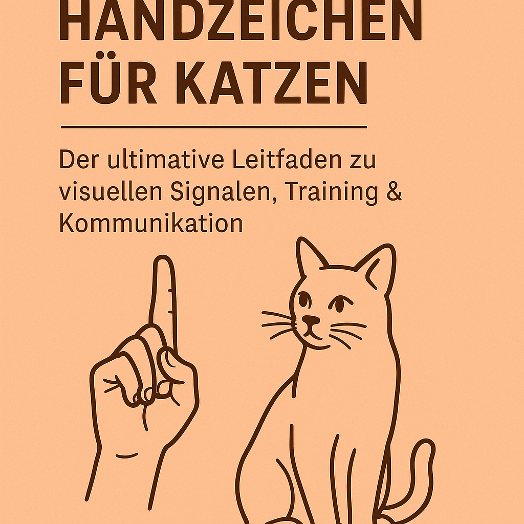 Illustration einer Katze, die aufmerksam auf eine Hand mit erhobenem Zeigefinger blickt – symbolisch für das Erlernen von Handzeichen im Katzentraining. Minimalistisches, lehrreiches Design mit warmer Farbgebung und klarer Typografie.