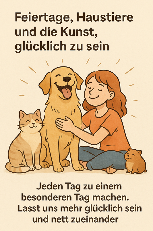 Illustration einer Frau mit Golden Retriever, Katze und Meerschweinchen – alle wirken glücklich. Titel: „Feiertage, Haustiere und die Kunst, glücklich zu sein“ in warmen Farben.