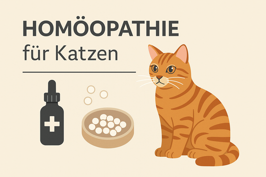 Illustration einer orangefarbenen Katze neben einer Schale mit homöopathischen Globuli und einer Medizinflasche auf hellem Hintergrund. Darüber steht der Text „Homöopathie für Katzen“. Das Motiv wirkt freundlich, informativ und natürlich.