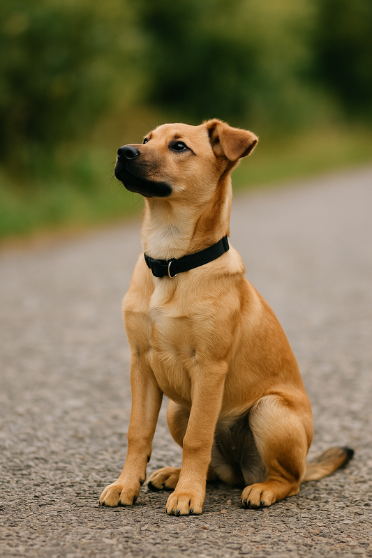 Hund sitzt auf Kommando auf einem Weg, schaut aufmerksam nach oben – Training von Grundkommandos im Hundetraining.