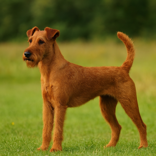 Ein Irish Terrier mit drahtigem, rötlich-braunem Fell steht aufmerksam in einer grünen Wiese, der Hintergrund ist leicht verschwommen mit Bäumen und Wildblumen.