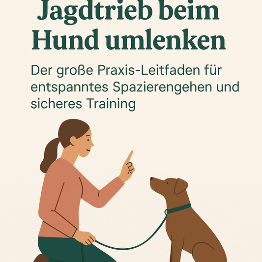 Illustration einer Frau, die einem braunen Hund an der Leine im Sitzen ein Signal gibt – Symbol für kontrolliertes Training und das Umlenken des Jagdtriebs beim Hund.