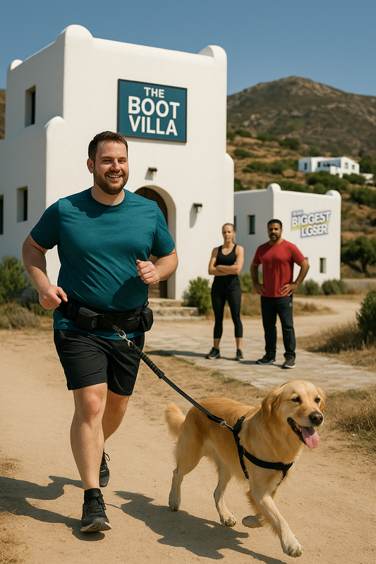 Mann joggt mit goldenem Retriever an einer Jogging Leine mit Bauchgurt auf Naxos, vorbei an der Boot Villa, im Hintergrund das Biggest Loser Camp sowie unscharf die Trainer Ramin Abtin und Christine Theiss.
