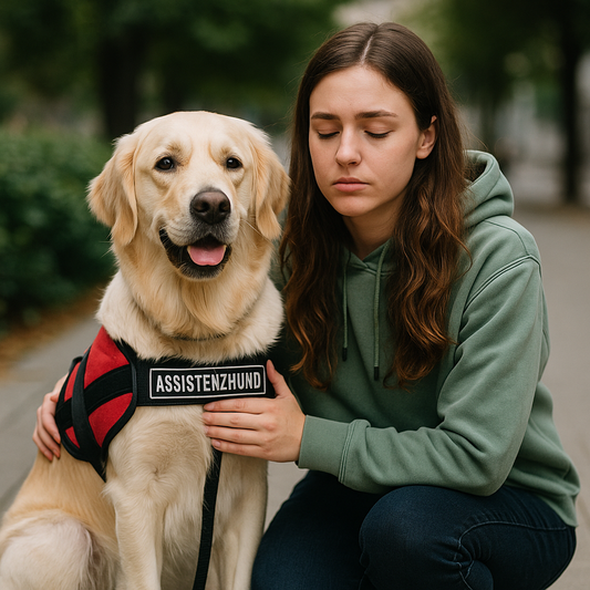 Junge Frau im grünen Hoodie sitzt neben ihrem Golden Retriever mit rotem Assistenzhund-Geschirr.
