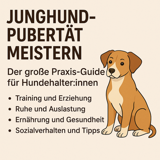 Illustration eines Junghundes neben dem Titel „Junghund-Pubertät meistern“ – Symbol für Erziehung, Training und Ruhe in der Entwicklungsphase.