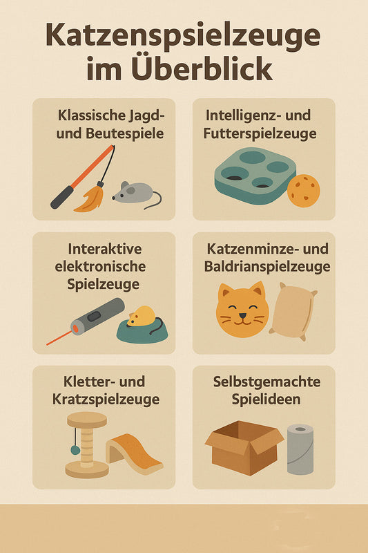 Infografik mit sechs Arten von Katzenspielzeugen: Jagd-, Futter-, elektronische, Katzenminze-, Kratz- und DIY-Spielzeuge.