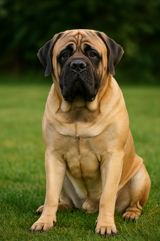 Ein großer Mastiff mit falbfarbenem Fell und schwarzer Maske sitzt auf einer grünen Wiese. Der Hund wirkt kräftig, muskulös und blickt aufmerksam in die Kamera.