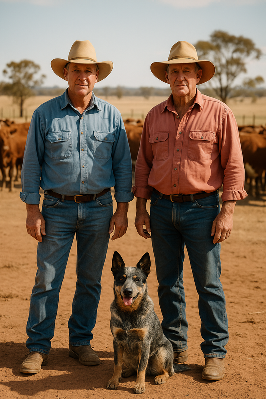 Zwei australische Rinderfarmer mit Strohhüten stehen auf einer staubigen Ranch vor einer Rinderherde. Zwischen ihnen befindet sich ein Australian Cattle Dog (Blue Heeler), aufmerksam und arbeitsbereit.
