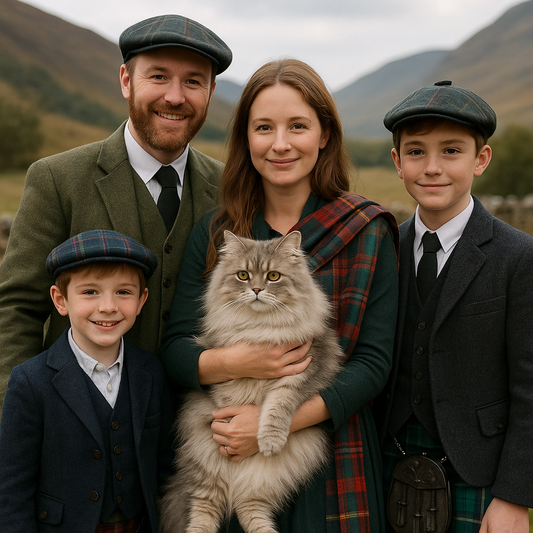 Schottische Familie in Tracht mit Scottish Straight Longhair Katze vor Hügeln.
