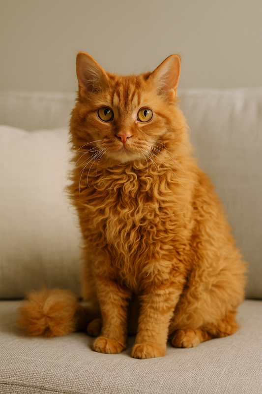 Eine Tennessee Rex Katze mit langem, lockigem orangefarbenem Fell sitzt aufmerksam auf einem hellen Sofa. Ihre bernsteinfarbenen Augen und das seidig gewellte Fell sind deutlich erkennbar.