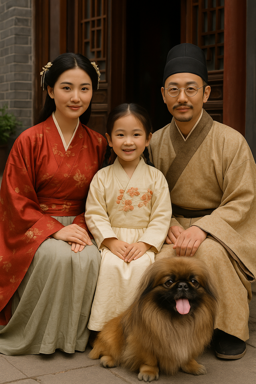 Eine chinesische Familie in traditioneller Kleidung sitzt vor einem historischen Gebäude. Neben ihnen sitzt ein Pekinese mit langem, goldbraunem Fell und aufmerksamen Augen.