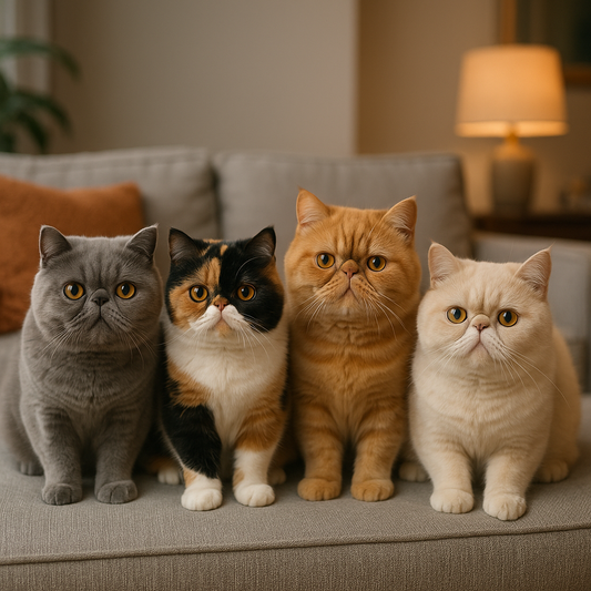 Vier Exotic Shorthair Katzen in verschiedenen Farben (grau, dreifarbig, orange und creme) sitzen nebeneinander auf einem Sofa in einem gemütlichen Wohnzimmer.