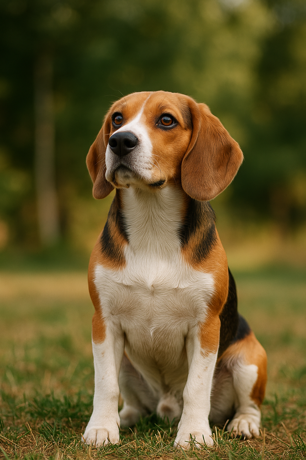 Ein Beagle mit typischem dreifarbigen Fell (braun, schwarz, weiß) sitzt aufmerksam auf einer grünen Wiese im Sonnenlicht und blickt freundlich nach oben. Natürlicher Hintergrund mit leicht verschwommenem Grün