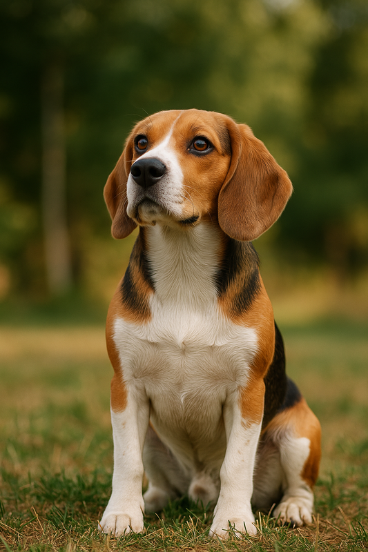 Ein Beagle mit typischem dreifarbigen Fell (braun, schwarz, weiß) sitzt aufmerksam auf einer grünen Wiese im Sonnenlicht und blickt freundlich nach oben. Natürlicher Hintergrund mit leicht verschwommenem Grün