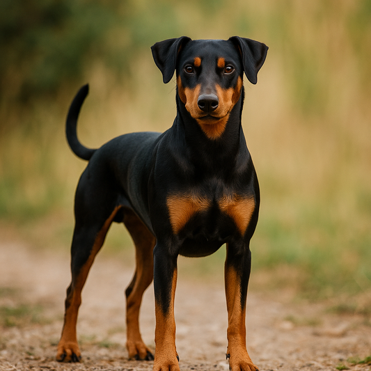 Deutscher Pinscher mit glänzendem schwarzem Fell und rotbraunen Abzeichen steht aufmerksam auf einem Waldweg. Der Hund blickt direkt in die Kamera, im Hintergrund unscharf goldenes Gras und grüne Vegetation