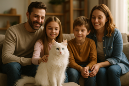 Familie mit zwei Kindern sitzt auf dem Sofa und streichelt eine weiße Türkisch Angora Katze mit blauen Augen im Wohnzimmer