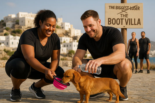 „Zwei Menschen geben einem Hund Wasser aus einem faltbaren pinken Reisenapf. Im Hintergrund ist ein Schild mit der Aufschrift ‚The Biggest Loser – The Boot Villa‘ sowie eine mediterrane Kulisse zu sehen.