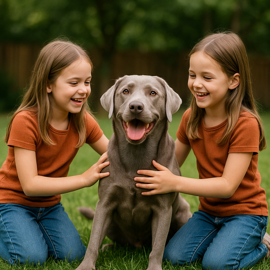 Ein fröhlicher silberner Labrador sitzt auf einer grünen Wiese zwischen zwei lächelnden Zwillingsschwestern im Grundschulalter. Beide tragen orangefarbene T-Shirts und Jeans und streicheln liebevoll den Hund, während sie lachend in die Kamera schauen.