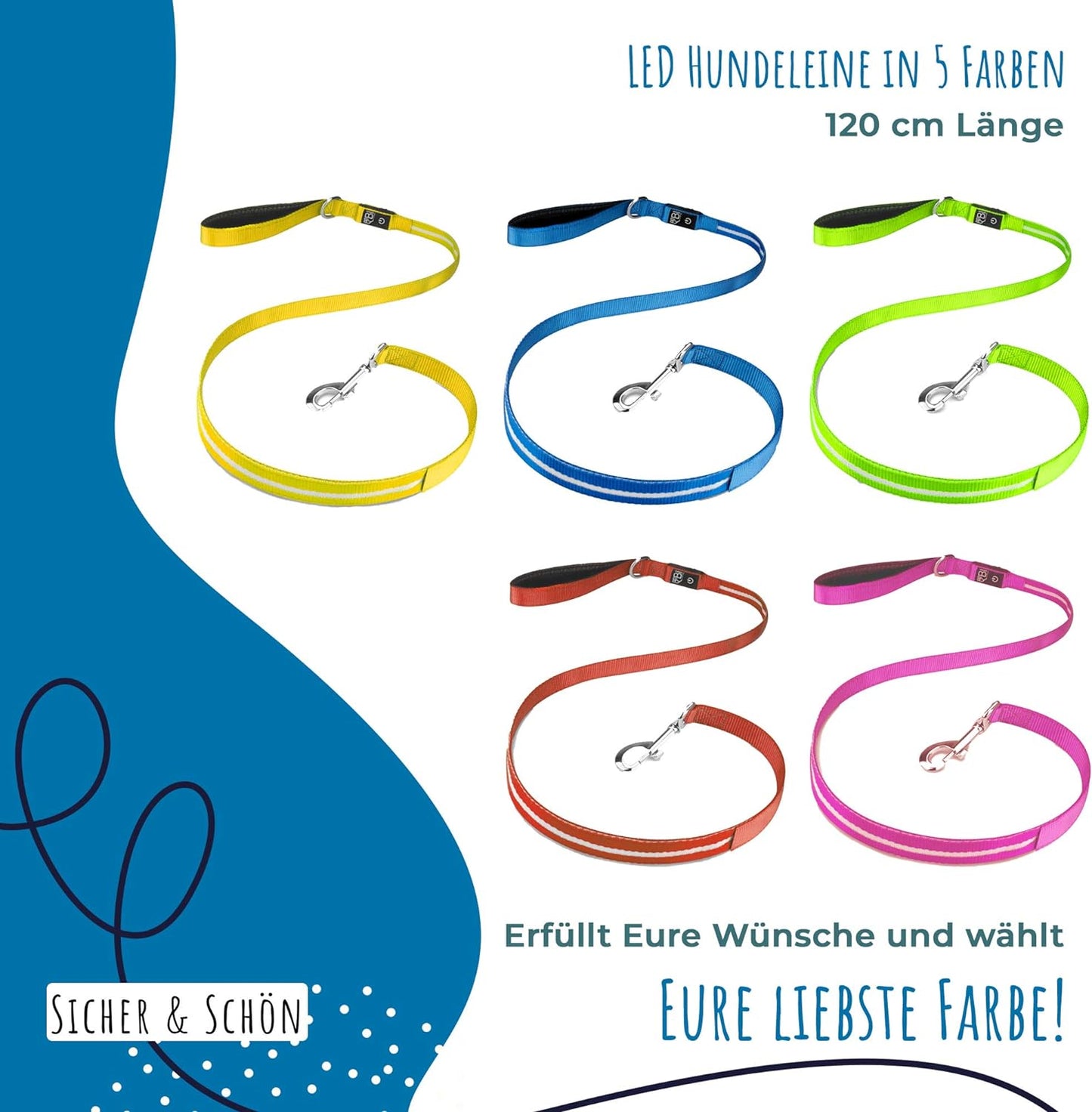 Laisse LED Petsation pour chien – Laisse de sécurité pour chiens la nuit – Rechargeable par USB, étanche, réfléchissante – Visibilité et contrôle pendant la marche – Convient aux petits et grands chiens – Vert