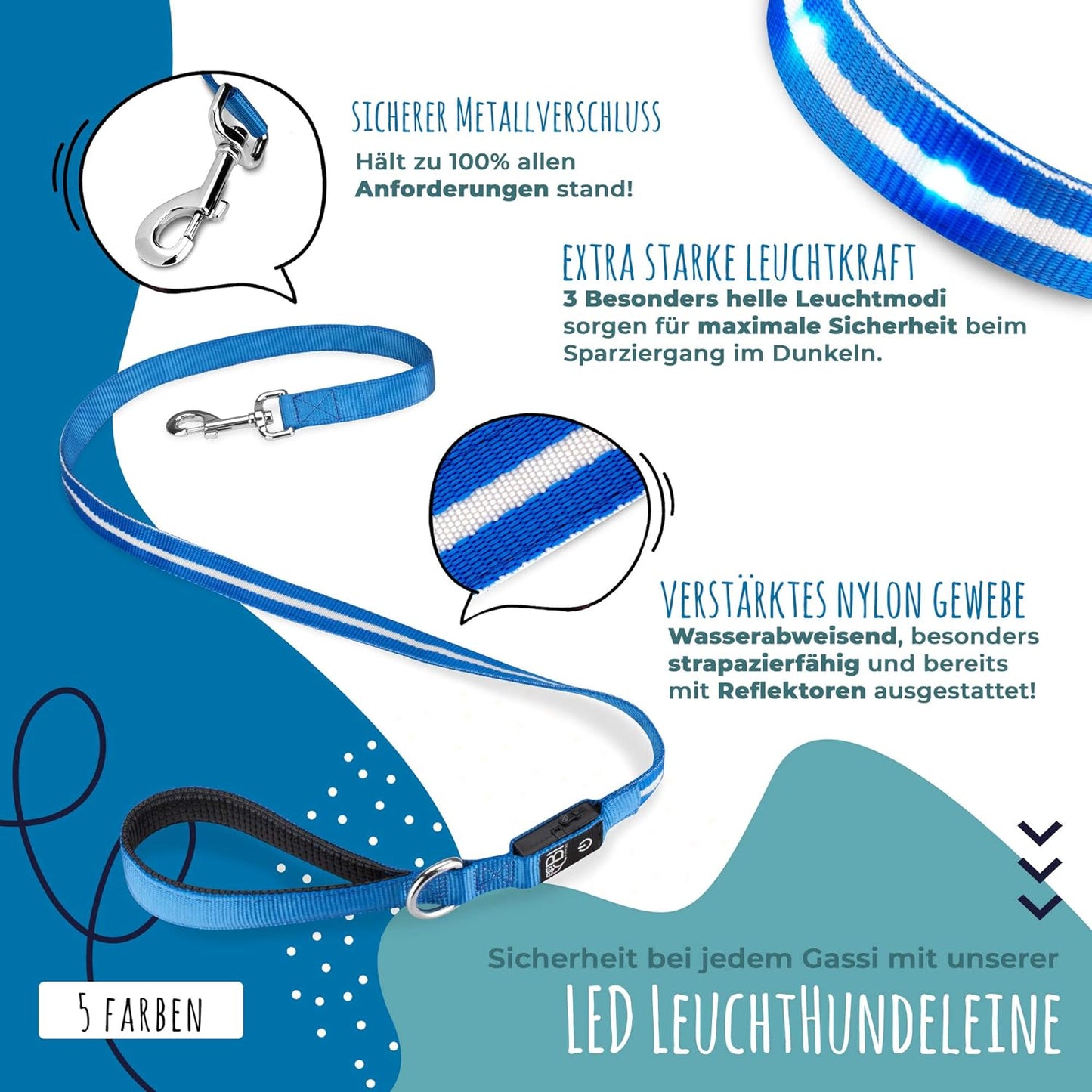 Petsation LED Dog Leash Glowing – Safety Leash for Dogs at Night – USB Rechargeable, Waterproof, Reflective – Visibility & Control While Walking – Suitable for Small & Large Dogs Red
