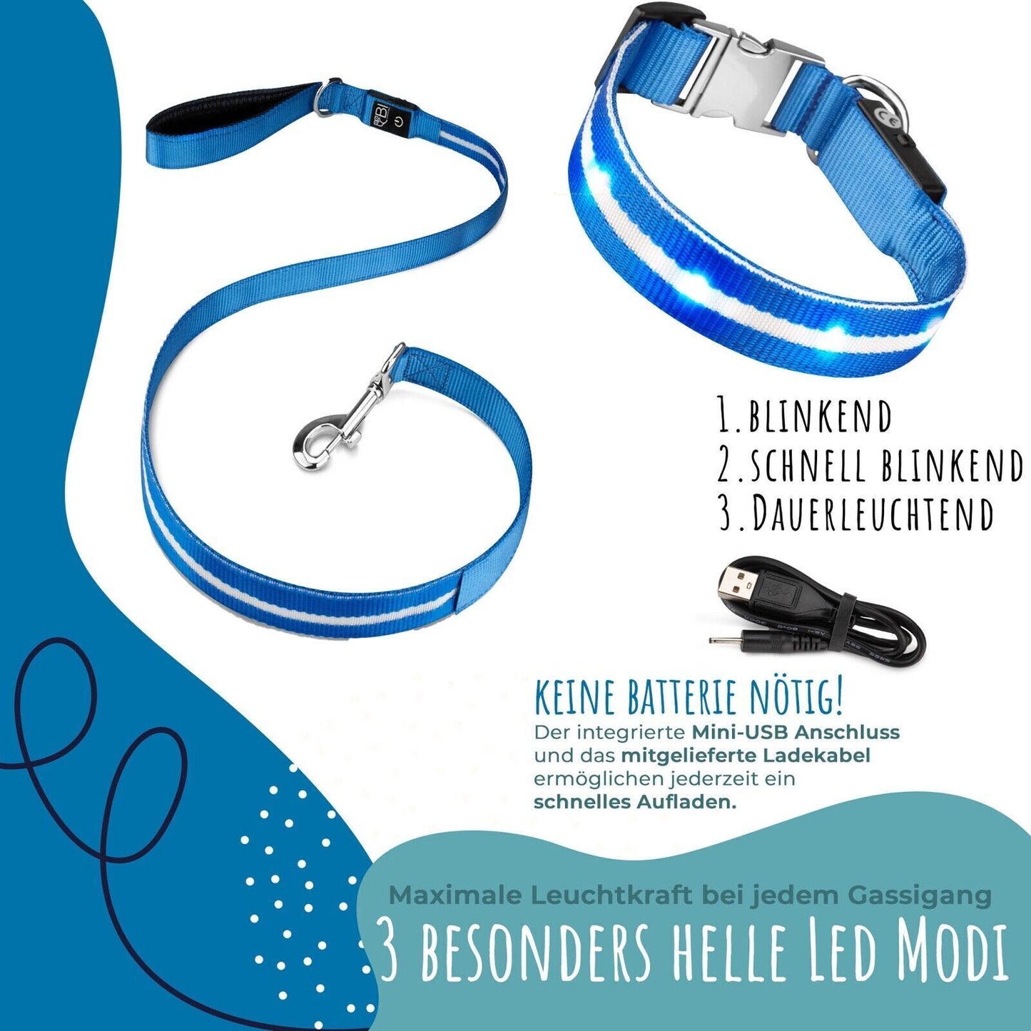 Petsation Light-Up Collar & Dog Leash Set – Safe Nighttime Walking with 5 Light Dots for Better Visibility – Reflection & Safety for Dogs – Durable LED Collar & Leash for Dark Walks Green Size XS 24-35cm