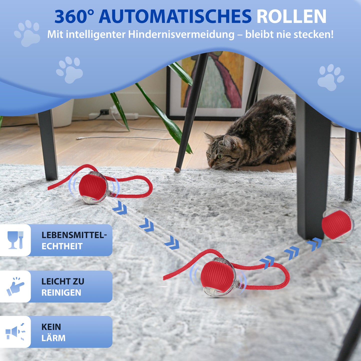 Automatisches Katzenspielzeug mit LED, Bewegung, interaktiv & sicher - Rot