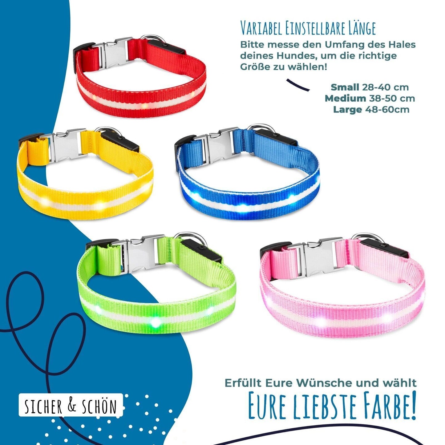 Petsation Light-Up Collar & Dog Leash Set – Safe Nighttime Walking with 5 Light Dots for Better Visibility – Reflection & Safety for Dogs – Durable LED Collar & Leash for Dark Walks Blue Size XS 24-35cm