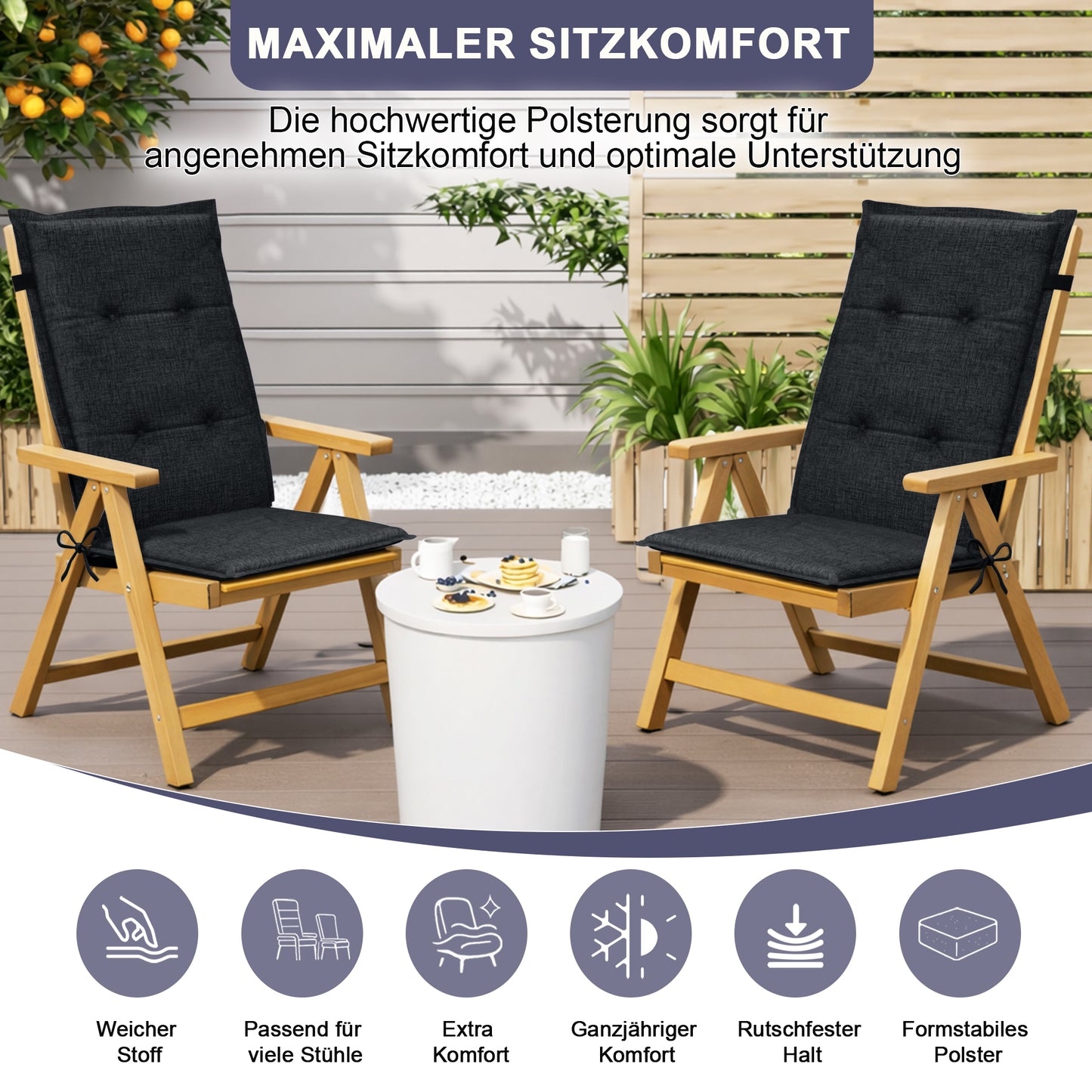 Relexo Hochlehner Auflage – Gartenstuhlauflage Hochlehner, Sitzkissen Stuhl, Stuhlkissen & Outdoor Kissen für Gartenmöbel