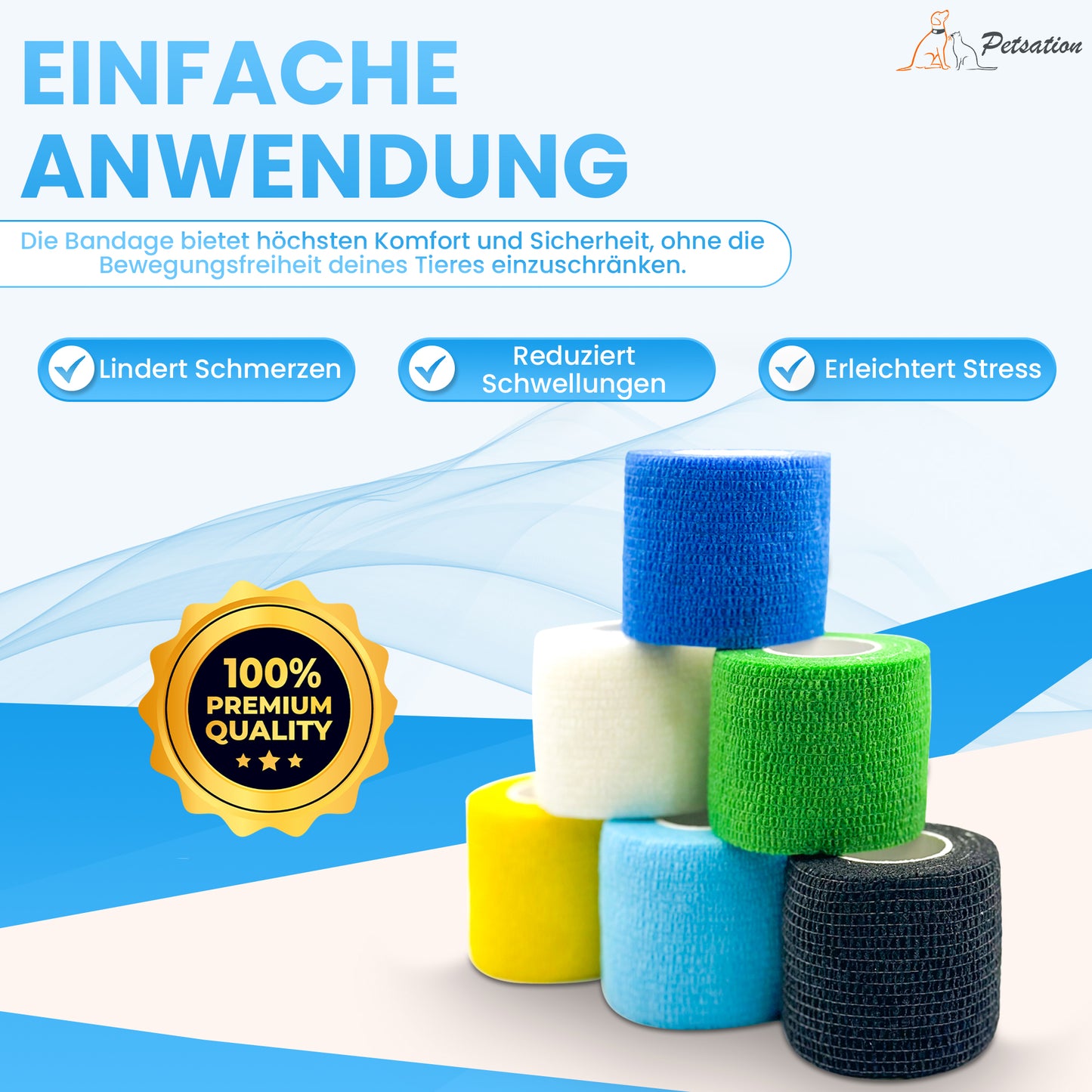 Petsation colored bandages, box of 6 – self-adhesive, elastic, breathable, 5 cm x 4.5 m, ideal for dogs, cats, and horses – animal bandage for wound care, paw protection, and stabilization – colorful set