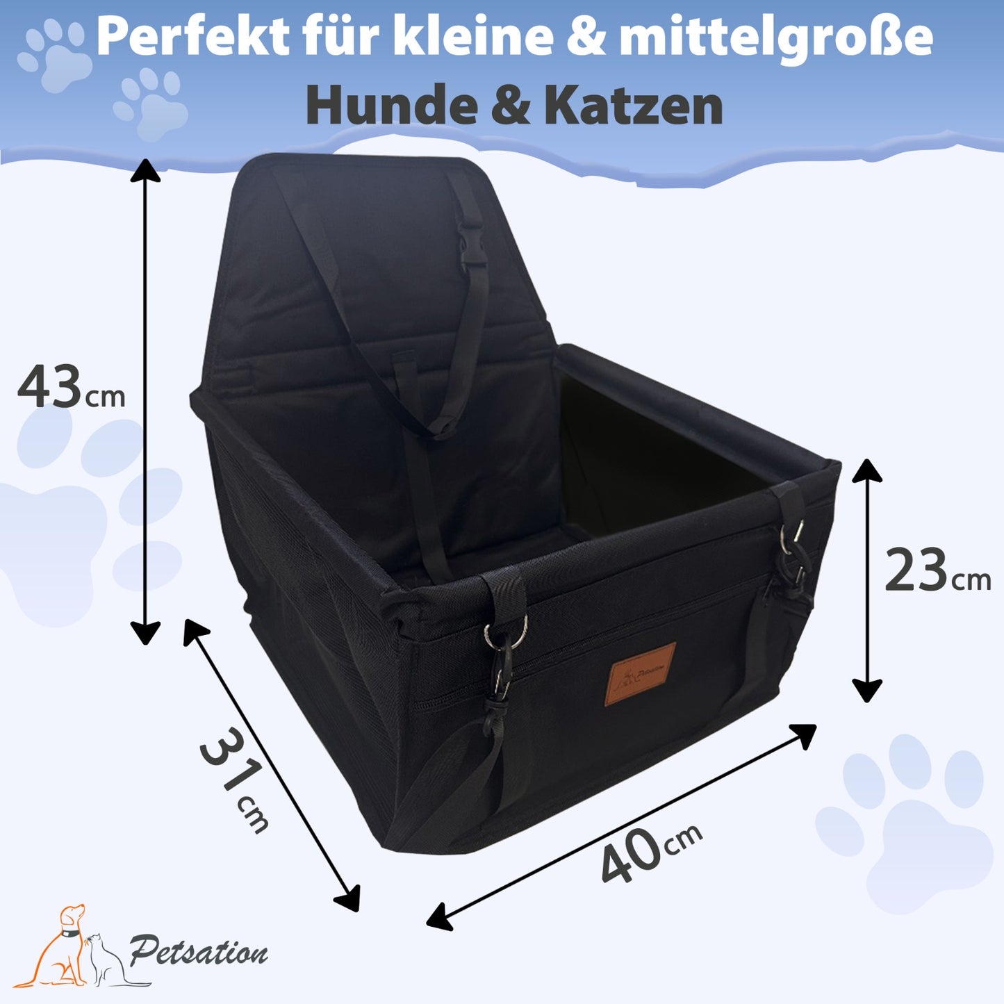 PETSATION Hundeautositz β Wasserdichter & Atmungsaktiver Autositz fΓΌr Hunde β Robuste Oxford-Tragetasche mit Sicherheitsgurt β Waschbare Haustiermatte fΓΌr Auto, SUV & Reisen (Schwarz, Standard)