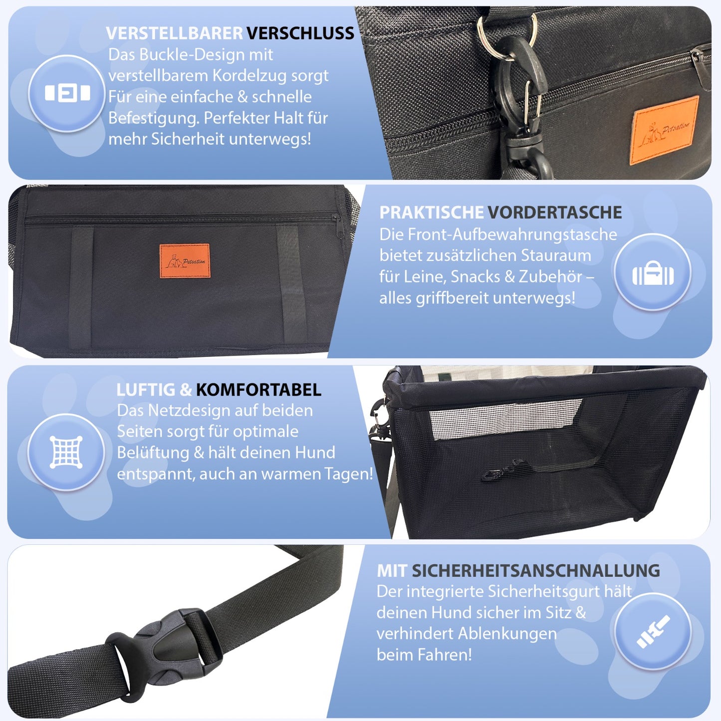 PETSATION Hundeautositz β Wasserdichter & Atmungsaktiver Autositz fΓΌr Hunde β Robuste Oxford-Tragetasche mit Sicherheitsgurt β Waschbare Haustiermatte fΓΌr Auto, SUV & Reisen (Schwarz, Standard)
