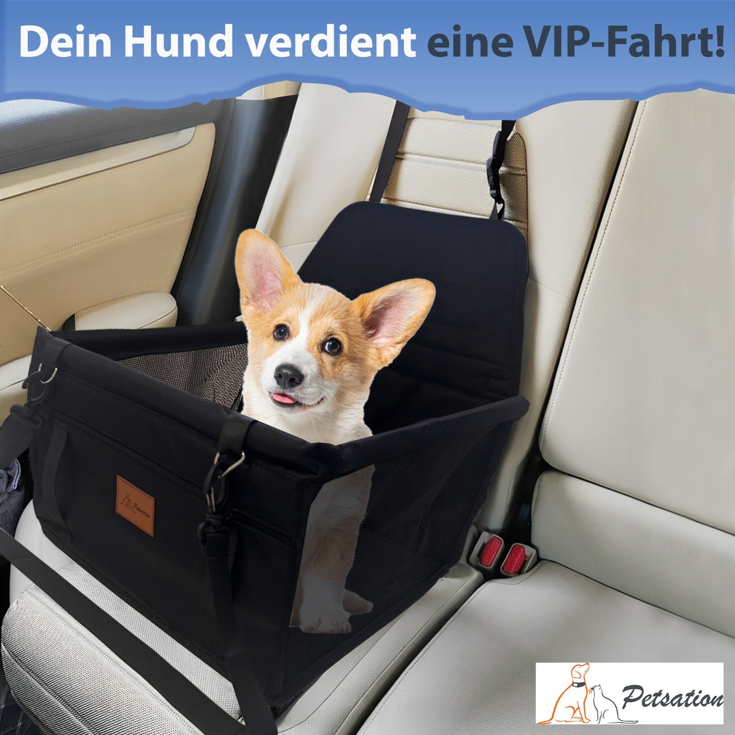 PETSATION Hundeautositz β Wasserdichter & Atmungsaktiver Autositz fΓΌr Hunde β Robuste Oxford-Tragetasche mit Sicherheitsgurt β Waschbare Haustiermatte fΓΌr Auto, SUV & Reisen (Schwarz, Standard)