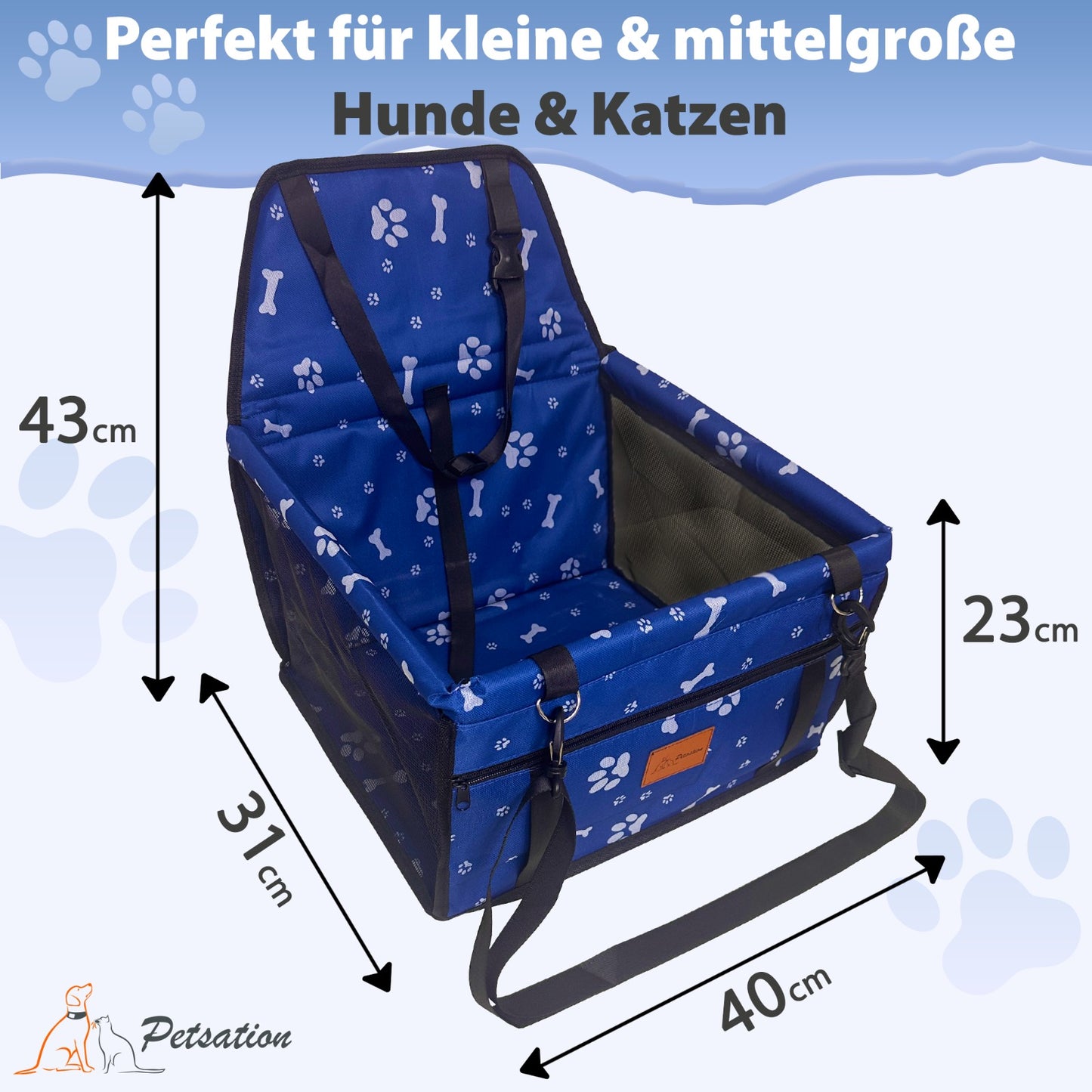 PETSATION Hundeautositz β Wasserdichter & Atmungsaktiver Autositz fΓΌr Hunde β Robuste Oxford-Tragetasche mit Sicherheitsgurt β Waschbare Haustiermatte fΓΌr Auto, SUV & Reisen (Blau, Standard)