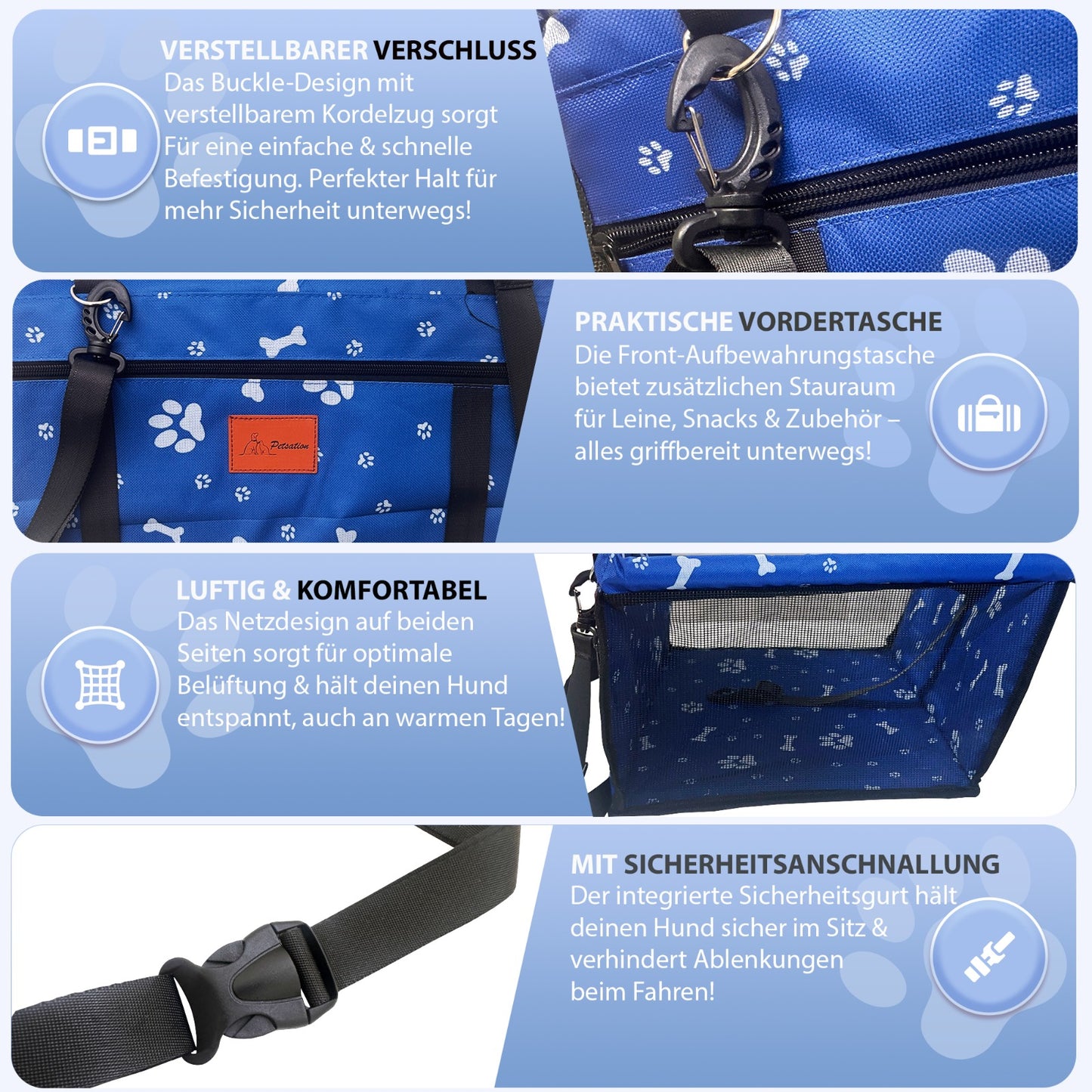 PETSATION Hundeautositz β Wasserdichter & Atmungsaktiver Autositz fΓΌr Hunde β Robuste Oxford-Tragetasche mit Sicherheitsgurt β Waschbare Haustiermatte fΓΌr Auto, SUV & Reisen (Blau, Standard)
